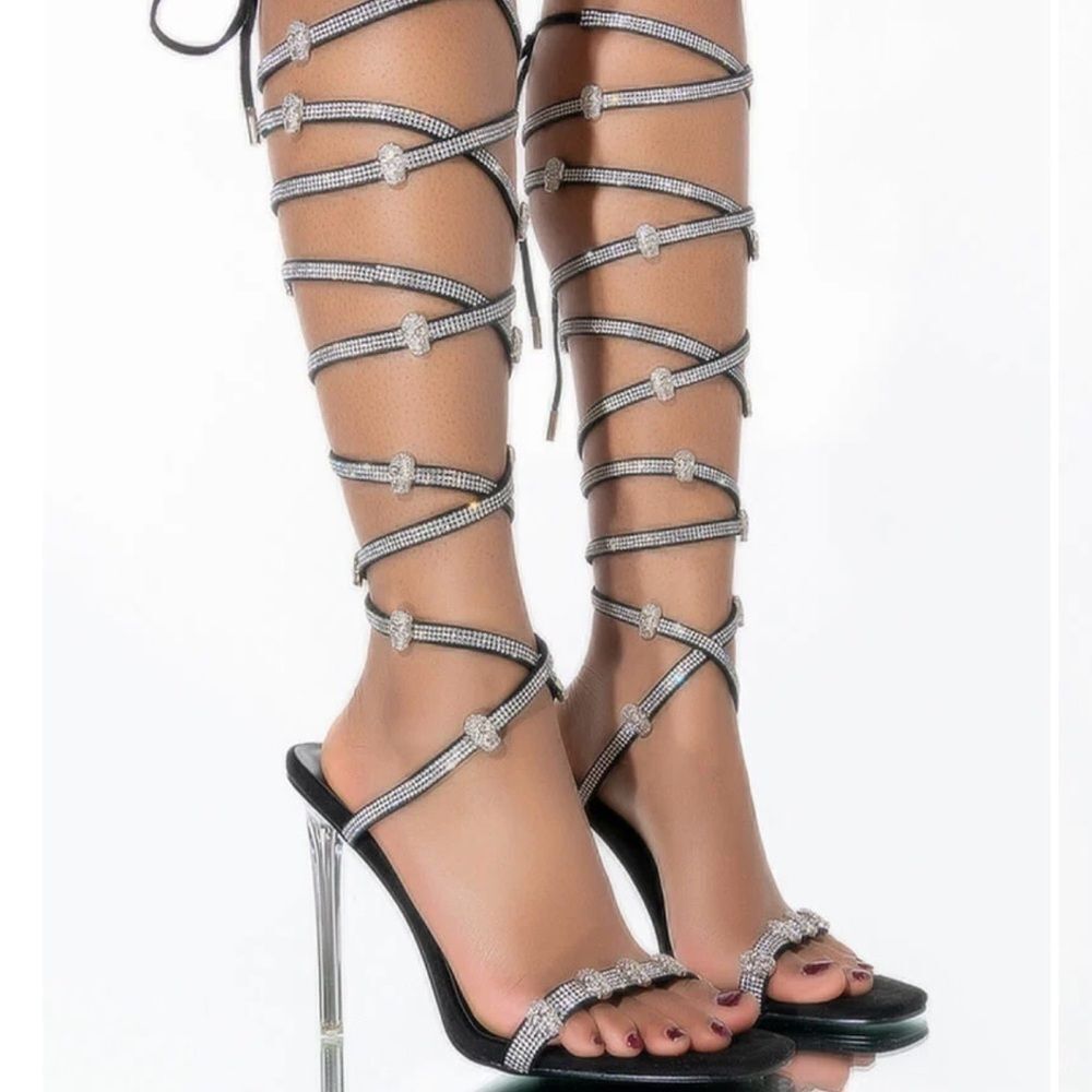 Elegant Black Strappy Heels with Rhinestone Detailing